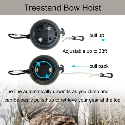Retractable Bow Hoist For Tree Stand, 33Ft Heavy Duty Bow Pull Up Rope, Deer Hunting Gear Saddle Bow Lifter mechanism diagram.