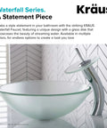 Tall Waterfall Vessel Sink Faucet With Frosted Glass Disk And Pop Up Drain Chrome Finish in modern bathroom setting
