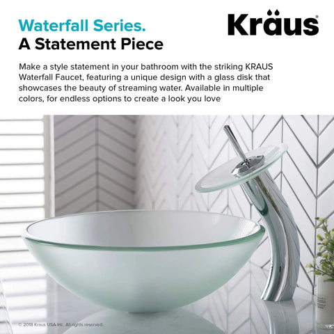 Tall Waterfall Vessel Sink Faucet With Frosted Glass Disk And Pop Up Drain Chrome Finish in modern bathroom setting