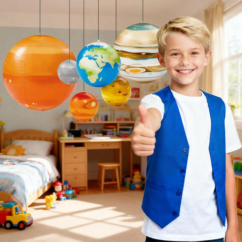 Boy giving thumbs up with Nine Giant Inflatable Solar System Planets With Pump For Ceiling Decor in bedroom display