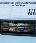 Beefy 48 Port Cat6 Patch Panel for rackmount or wall mount, 19-inch 2U network, shown with accessories for easy setup