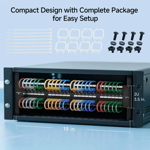 Beefy 48 Port Cat6 Patch Panel for rackmount or wall mount, 19-inch 2U network, shown with accessories for easy setup