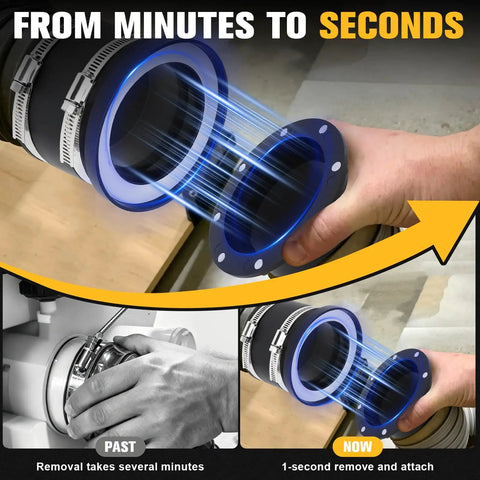 Heavy Duty Magnetic Dust Collection Fittings For 4 Inch Woodwork Shop Vacuums One To Multi System With High Strength Mag Connector Receiver and Rubber Flex Cuff Coupler Solid Grip, showing quick attachment feature.