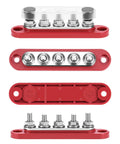 Top Shelf Mini Bus Bar Power Distribution Block 150A Tin Plated Copper 48V Dc 300V Ac Terminals featuring 5 M8 studs and red base.