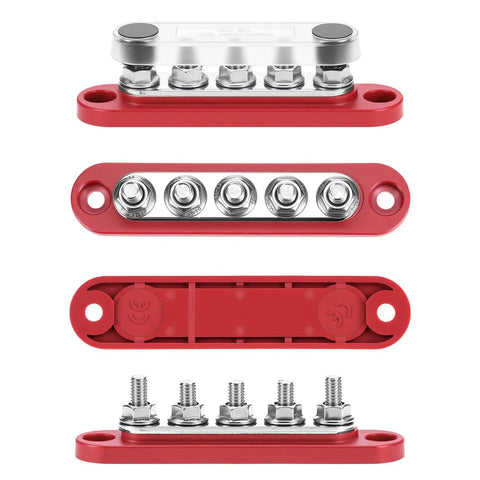 Top Shelf Mini Bus Bar Power Distribution Block 150A Tin Plated Copper 48V Dc 300V Ac Terminals featuring 5 M8 studs and red base.