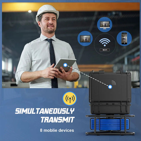 Man in safety helmet using tablet with Heavy Duty Next Level 17mm Sewer Borescope And Pipeline Inspection Camera with Wifi DVR.