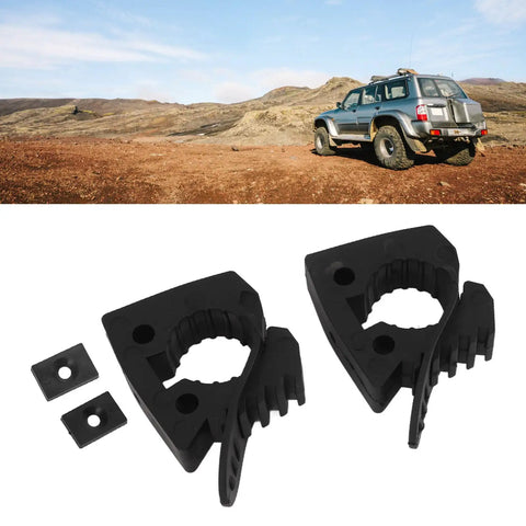 Heavy Duty Rubber Shovel Holder Mount With Quick Release Clamp next to SUV in outdoor terrain, pack of 2 mounts