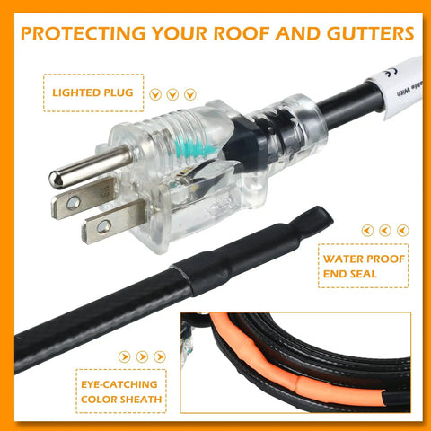 Close-up of plug and end seal of 30 ft self regulating heat tape for water pipes, heavy duty freeze protection, 120V 8W/ft cable.