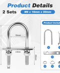 Heavy Duty 2 Pack M6 By 50mm 304 Stainless Steel U Bolts With 5/8 Inch Wide Design for industrial applications, includes nuts and wrench.