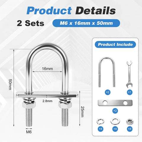 Heavy Duty 2 Pack M6 By 50mm 304 Stainless Steel U Bolts With 5/8 Inch Wide Design for industrial applications, includes nuts and wrench.