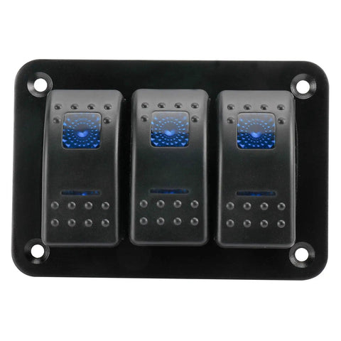 3-gang version of 12-24V Boat Switch Panel With Illuminated Rocker Switches, aluminum, pre-wired, plug and play, blue LED backlit