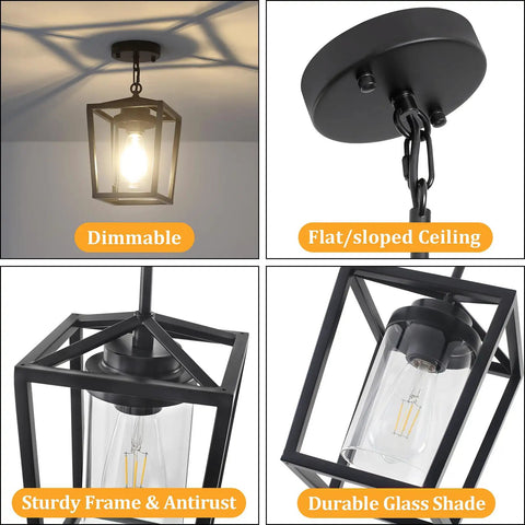 Black Pendant Lights For Kitchen Island, Modern Lantern Fixtures With Clear Glass Shades, Industrial Farmhouse Hanging Ceiling Light