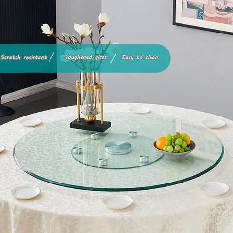 36 Inch Lazy Susan Turntable Rotating Serving Tray With Tempered Glass And Aluminum Base, Heavy Duty 360 Degree Rotation Runs Like Butter And Is A Total Game Changer For Every Weekend Dinner Party Get Together on a dining table.