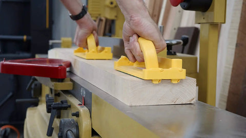 Grr-Rip Block 3D Pushblock System For Table Saws, Smart Pushblock with Gravity Heel in use on wood board on jointer