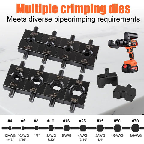 Multiple crimping dies for 12 ton hydraulic Heavy Duty Electric Battery Lug Crimping Tool With Rechargeable Brushless Motor.