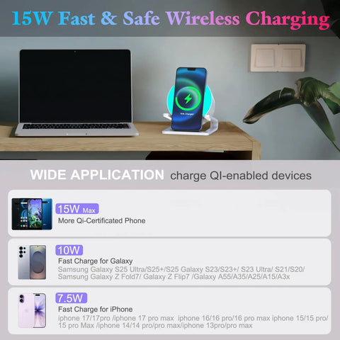15W wireless charging station from 4 In 1 Night Light Bluetooth Speaker With Wireless Charging 15W, Phone Holder, Touch Dimmer Bedside Lamp, Dynamic Color Music Light, Easy One Button Control, The Perfect Gift For Teens Room Decor And Cozy Vibe, charging a phone next to a laptop.