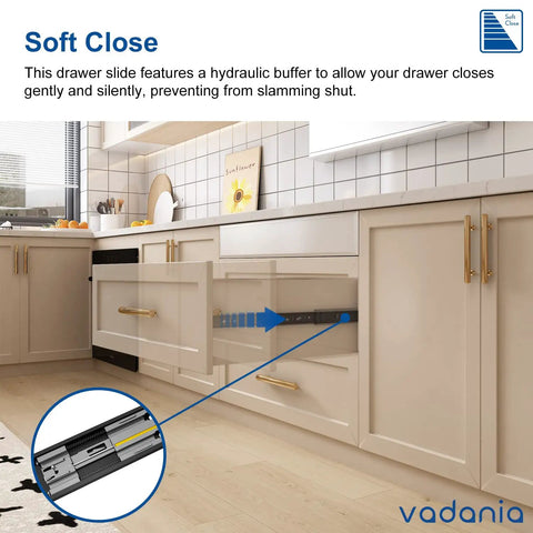 Soft Close Drawer Slide With Three Fold Full Extension Heavy Duty 100 Pound Load Capacity Ball Bearing Side Mount Black Finish Rails in kitchen