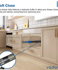16 Inch Soft Close Drawer Slide With Hydraulic Buffer For Quiet Easy Glide No Slam Closing 3 Fold Full Extension Heavy Duty 100 lb Capacity Ball Bearing Side Mount Black Finish installed in kitchen cabinet