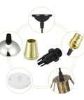 Gold Tone Metal Cable Glands Strain Relief Cord Connectors, 5 Pack, for wiring and pendant lights, shown disassembled and installed.