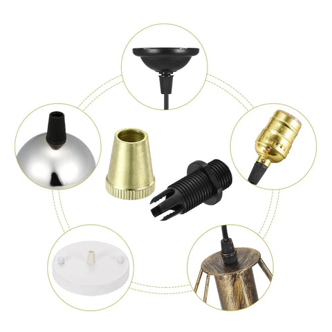 Gold Tone Metal Cable Glands Strain Relief Cord Connectors, 5 Pack, for wiring and pendant lights, shown disassembled and installed.
