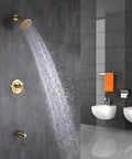 Brushed Gold Tub And Shower Faucet Set With Pressure Balancing Valve And Trim Included in a modern bathroom setting