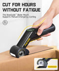 Close-up of C10 Pro BowGuide Electric Cardboard Cutter cutting cardboard with LED display visible