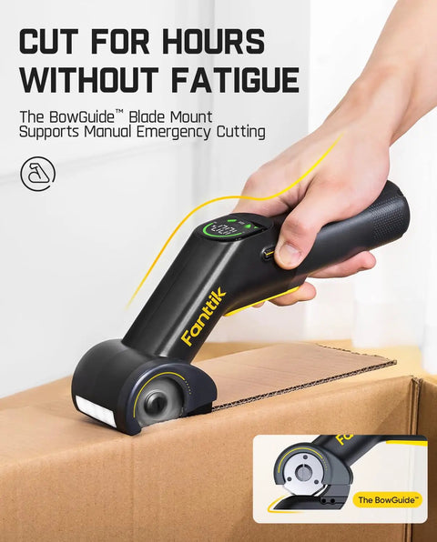 Close-up of C10 Pro BowGuide Electric Cardboard Cutter cutting cardboard with LED display visible