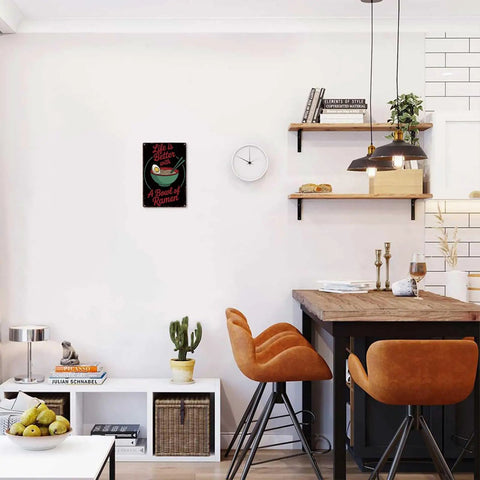 Life Is Better With Ramen Bowl Vintage Metal Sign Tin Wall Art Poster displayed in modern kitchen setup