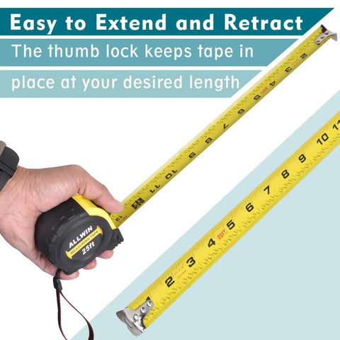 25 Foot Metal Tape Measure With Retractable Blade, 1 Inch Wide, Easy Read Fractions, Durable Wear Resistant Coating Built Tough For DIY Projects, Home Renovation, Carpentry, And Pro Handyman Use, thumb lock shown extended