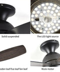 52 Inch Flush Mount Ceiling Fan With Remote And Dimmable Lights In Matte Black Five Reversible Blades In Amrilo Or Walnut.