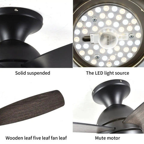 52 Inch Flush Mount Ceiling Fan With Remote And Dimmable Lights In Matte Black Five Reversible Blades In Amrilo Or Walnut.