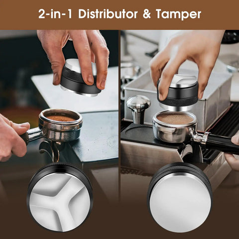 58mm Espresso Accessories Kit With 2 In 1 Distributor And Tamper Leveler used with portafilter for even coffee extraction
