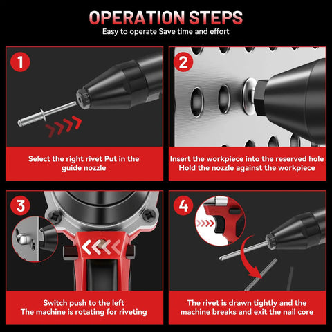 Operation steps for Cordless Rivet Gun Tool Compatible With 18V Max Battery Brushless Automatic Riveter for 1/8 5/32 3/16