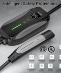 No Sweat Level 2 And Level 1 Portable EV Charger With Nacs Connector For Tesla Model Y X 3 S Cybertruck showing safety features and display.