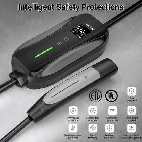 No Sweat Level 2 And Level 1 Portable EV Charger With Nacs Connector For Tesla Model Y X 3 S Cybertruck showing safety features and display.