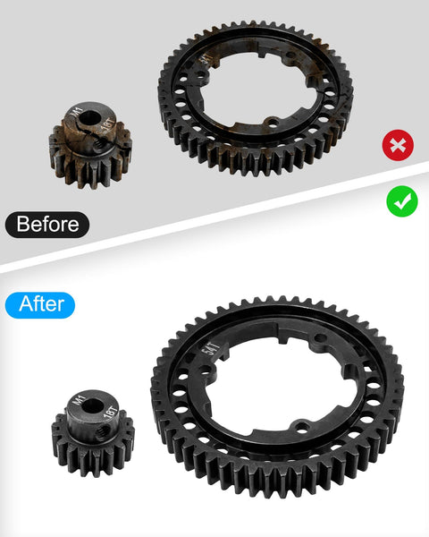 Beefed-Up Hardened Steel 54T Spur Gear 1 Mod And 18T Motor Pinion For Traxxas before and after replacement comparison