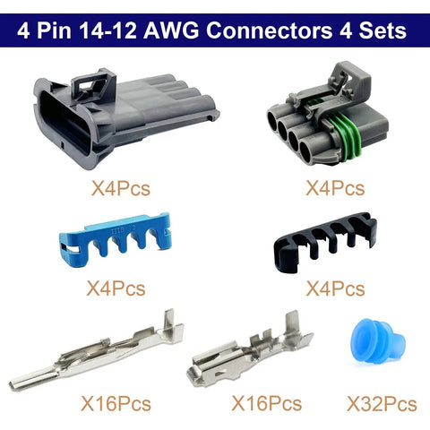 Heavy Duty 14-12 AWG 4 Pin Waterproof Weather Pack Wire Connectors Kit With Male And Female Terminals For Hot Rods Trucks And Custom Builds Made To Last A Lifetime In Any Wild Ride, 4 sets
