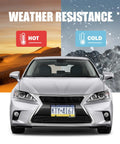 Two Pack Car License Plate Frames And License Plate Protector Kit With Waterproof Covers Built To Last Tough As Nails Durable Frame Protectors With Screws Caps For All Weather Protection shown on car under hot and cold conditions