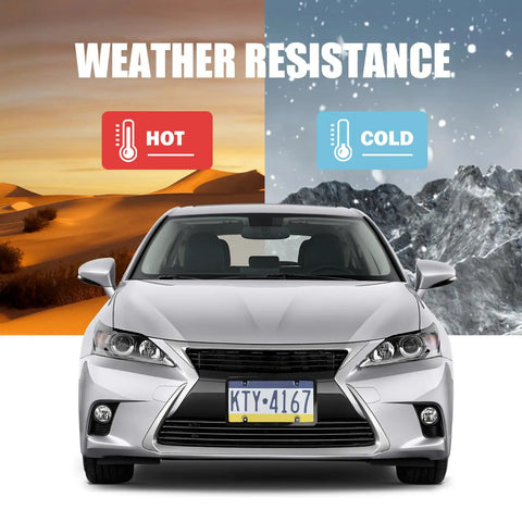 Two Pack Car License Plate Frames And License Plate Protector Kit With Waterproof Covers Built To Last Tough As Nails Durable Frame Protectors With Screws Caps For All Weather Protection shown on car under hot and cold conditions