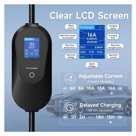 Portable Level Two EV Charger With Smart App Control For Easy Juice Ups On Any Ride Type Two And Sae J1772 Compatible with LCD.