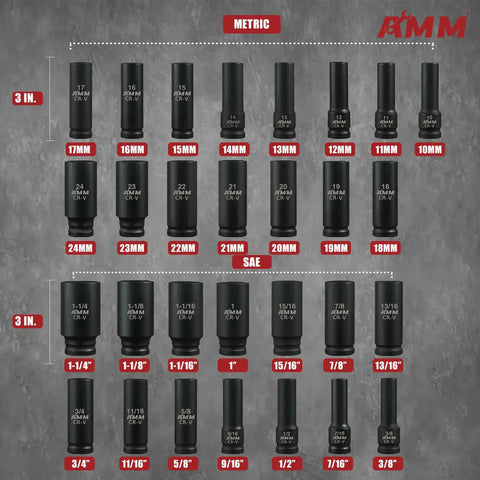 Beefed-Up 1/2 Inch Drive Deep Impact Socket Set, 35-Piece With Metric 10mm to 24mm and SAE 3/8 to 1-1/4 Inch, 6 Point Design