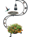 Solar Bird Bath For Outdoors With Vintage Metal Standing Bowl Two Tier Design Flower Planter For Garden Yard Lawn Decor And Backyard Vibes Hummingbird Embossed Details, featuring upper bird bath and lower flower planter