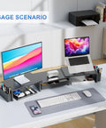 Dual Monitor Stand Riser With Drawer And Magnetic Pen Holders Adjustable Desk Organizer For Home Office Keeps Your Desk Setup Clean And Neat Sturdy Computer Monitor Stand With Top Shelf Black in a home office setting with laptop and monitor elevated, showing ample storage space.
