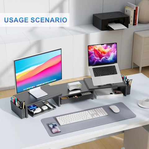 Dual Monitor Stand Riser With Drawer And Magnetic Pen Holders Adjustable Desk Organizer For Home Office Keeps Your Desk Setup Clean And Neat Sturdy Computer Monitor Stand With Top Shelf Black in a home office setting with laptop and monitor elevated, showing ample storage space.