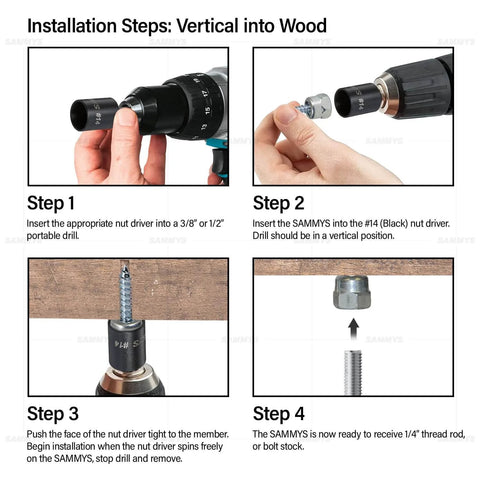 Installation steps for Woodworking Ready Vertical Threaded Rod Anchor Kit With Three Eighths Inch Screw No Pre Drilling Required Easy Install Zinc Plated Steel One Quarter By Two Inch Screw Length Pack Of Fifty into wood using a drill in four steps.