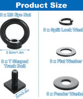 Product size overview of Beefy 8 Piece T Track Mount Tie Down Anchor Kit including M8 eye bolts, washers, and track bolts.