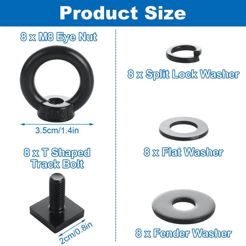 Product size overview of Beefy 8 Piece T Track Mount Tie Down Anchor Kit including M8 eye bolts, washers, and track bolts.