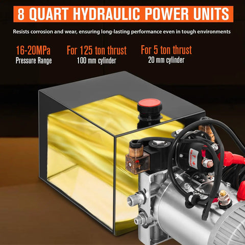 8 quart hydraulic power unit with corrosion resistance, shown with transparent reservoir and pressure range details.