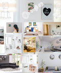 Collage displaying Picture Hanging Marking And Leveling Kit setups in various room settings with frames, artwork, and a mini bubble level.