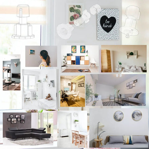 Collage displaying Picture Hanging Marking And Leveling Kit setups in various room settings with frames, artwork, and a mini bubble level.